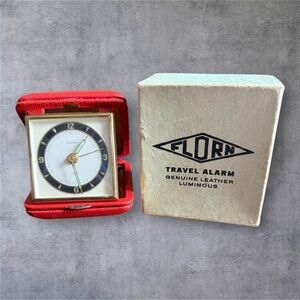 Vintage Florn Travel Alarm Clock in a Genuine Red Leather Case